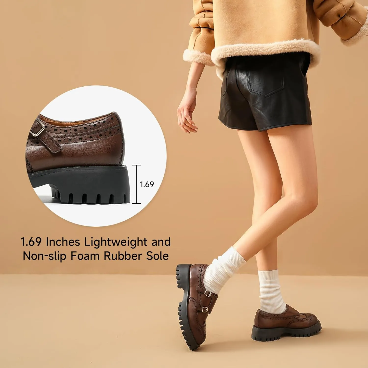 BEAU TODAY Chunky Loafers for Women, Women’s Leather Platform Loafers, Lug Sole Tassel Slip On Loafers Shoes Brogues Wingtip Casual Business Shoes Comfortable Dressy