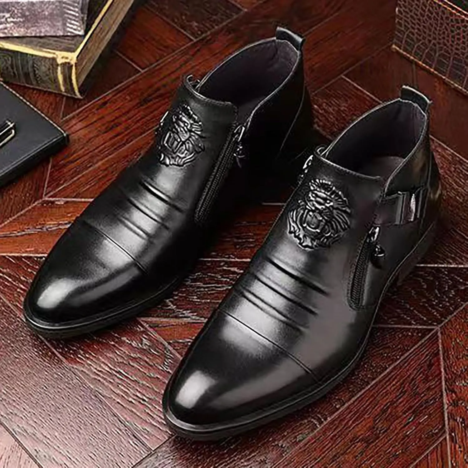 Blue Dress Shoes Men 14 Foreign Trade Men's Embossed Double Side Zipper Europe and The United States Ankle Boots Men's Boots Leather Shoes Mens Business Shoes Comfort
