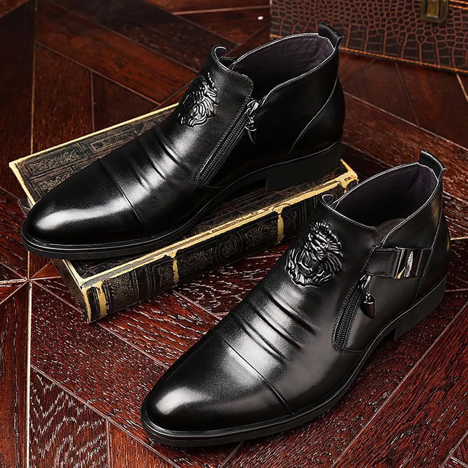 Blue Dress Shoes Men 14 Foreign Trade Men's Embossed Double Side Zipper Europe and The United States Ankle Boots Men's Boots Leather Shoes Mens Business Shoes Comfort