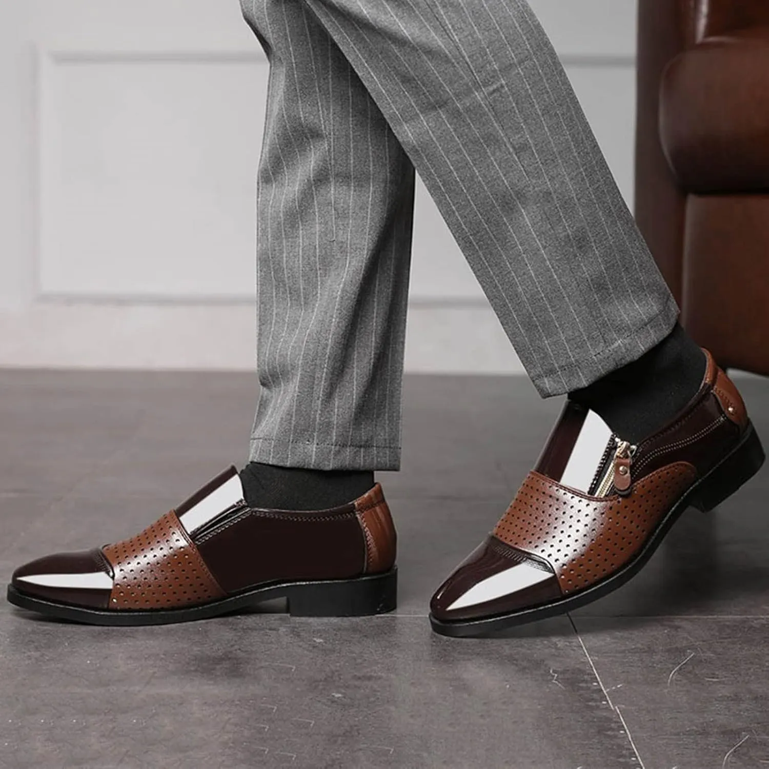 Brown Dress Shoes for Men Wide Fashion Summer and Autumn Men Leather Shoes Pointed Toe Low Heel Zipper Hollow Breathable Leisure Mens Dress Shoes Formal Classic Lace Up Oxfords