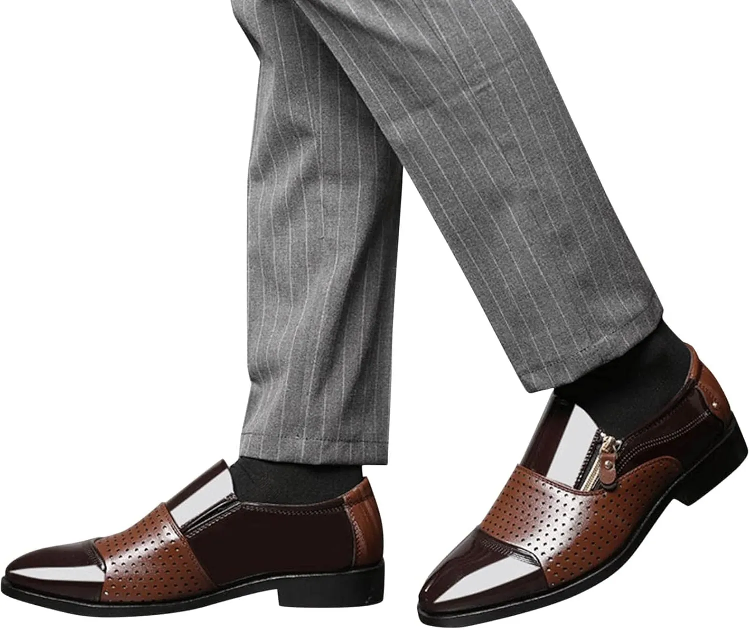 Brown Dress Shoes for Men Wide Fashion Summer and Autumn Men Leather Shoes Pointed Toe Low Heel Zipper Hollow Breathable Leisure Mens Dress Shoes Formal Classic Lace Up Oxfords