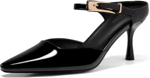 Coutgo Womens High Heels Mules Closed Pointed Toe Kitten Heel Pumps Ankle Buckle Strap Slip On Backless Dress Shoes, Black, Size 6