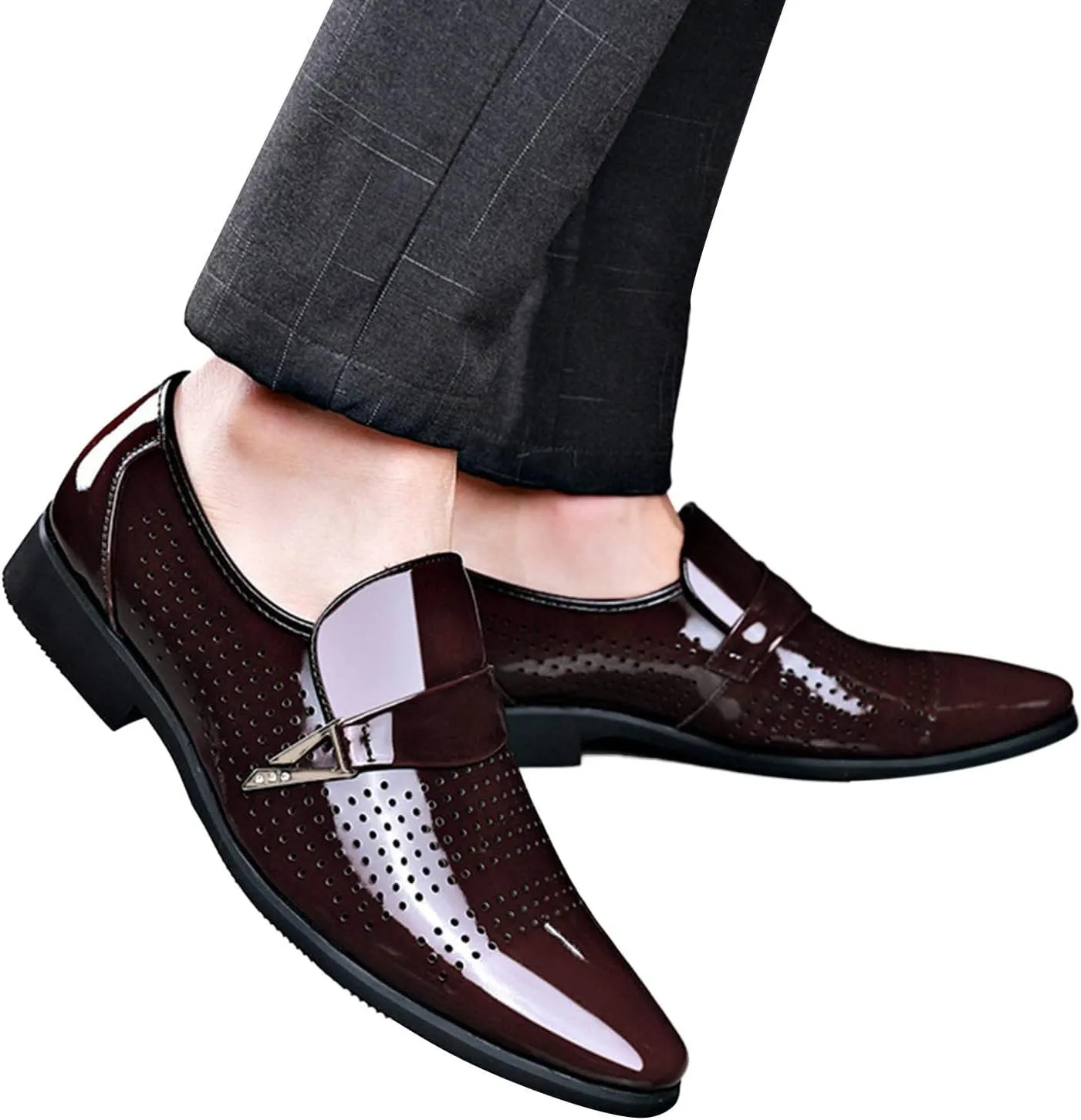 Dress Shoes for Men Wide Toe Box Classic Style Men Leather Shoes Metal Buckle Shoes Diamond Cutout Breathable Business Casual Pointed Toe Leather Shoes Business Casual Shoes Men Laceless
