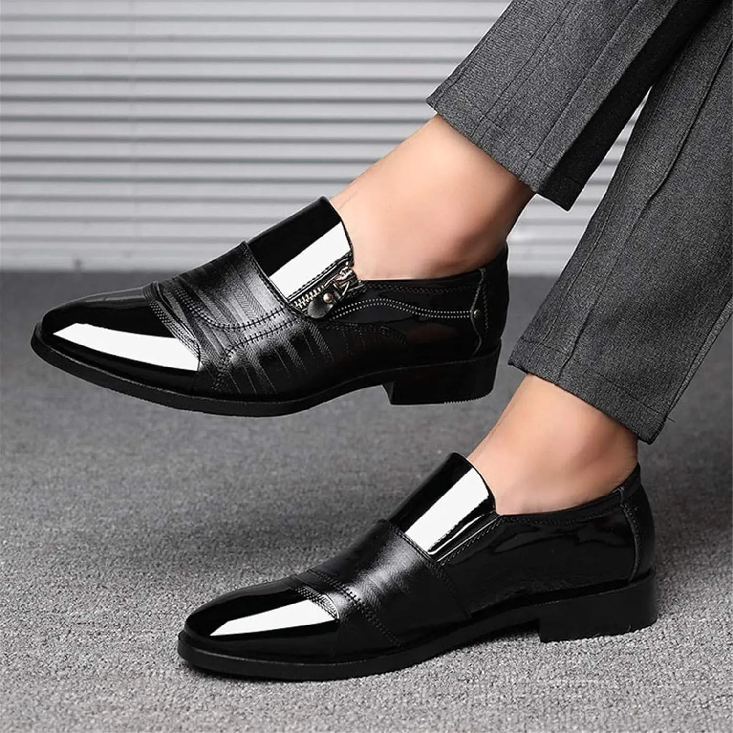 Formal Dress Shoes for Men Fashion Classic Patent Leather Pointed-Toe Tuxedo Shoes Zipper Pull-on Business Office Wedding Oxfords Shoes