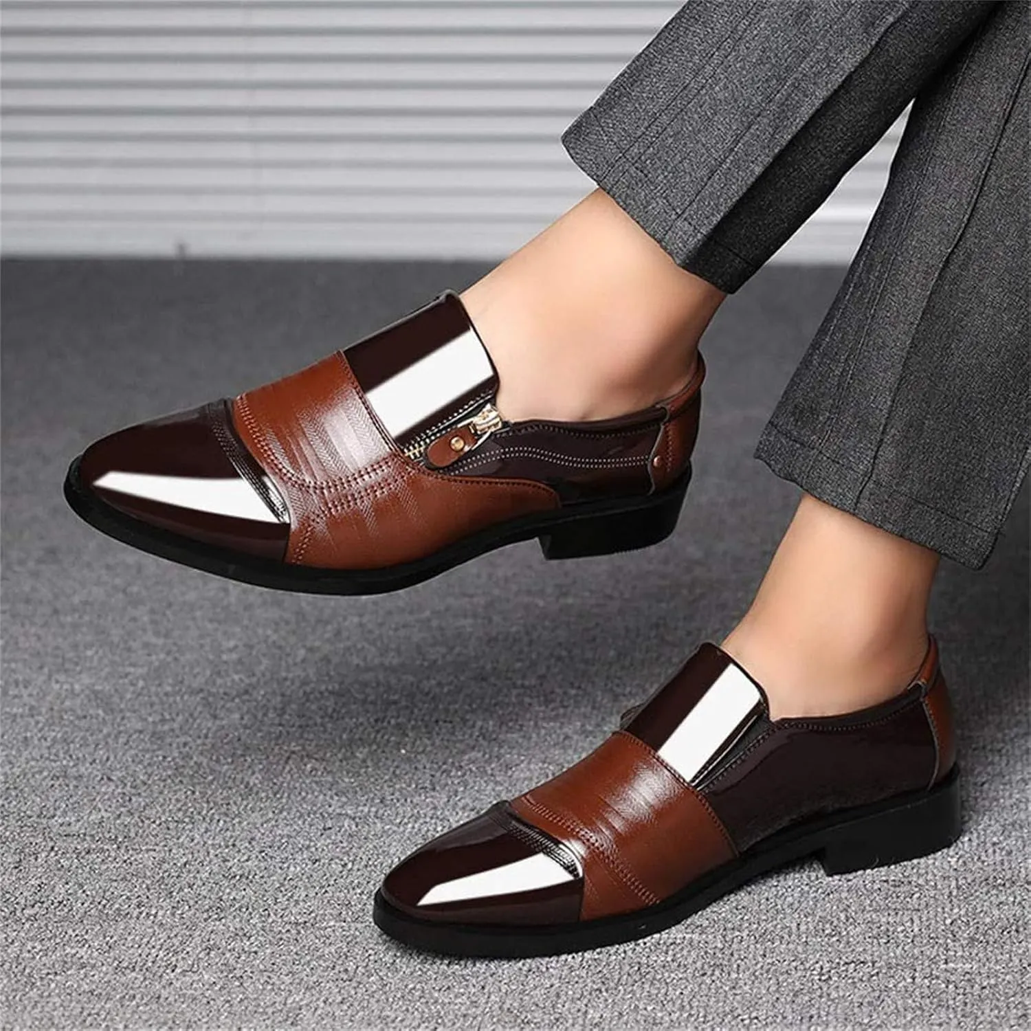 Formal Dress Shoes for Men Fashion Classic Patent Leather Pointed-Toe Tuxedo Shoes Zipper Pull-on Business Office Wedding Oxfords Shoes