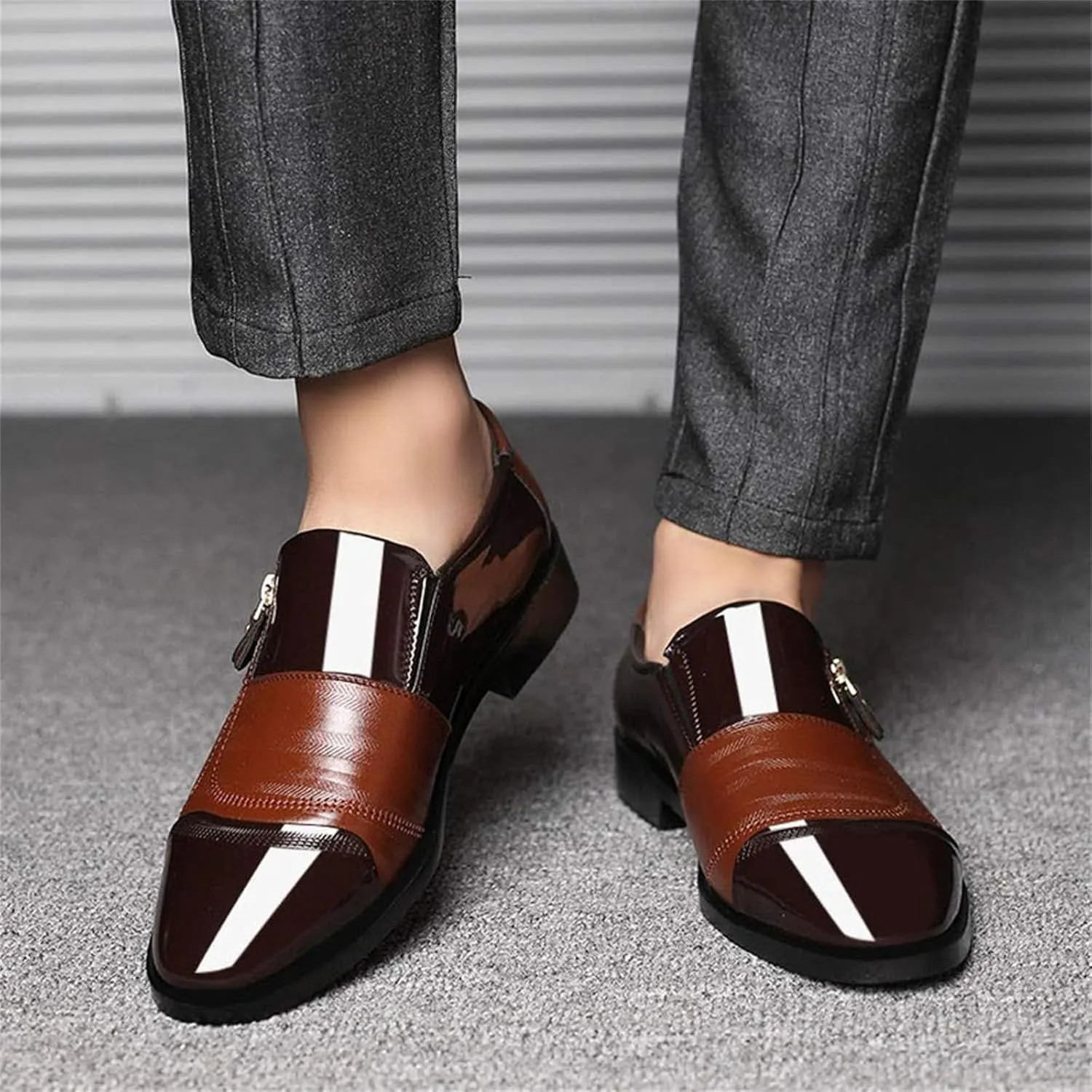 Formal Dress Shoes for Men Fashion Classic Patent Leather Pointed-Toe Tuxedo Shoes Zipper Pull-on Business Office Wedding Oxfords Shoes