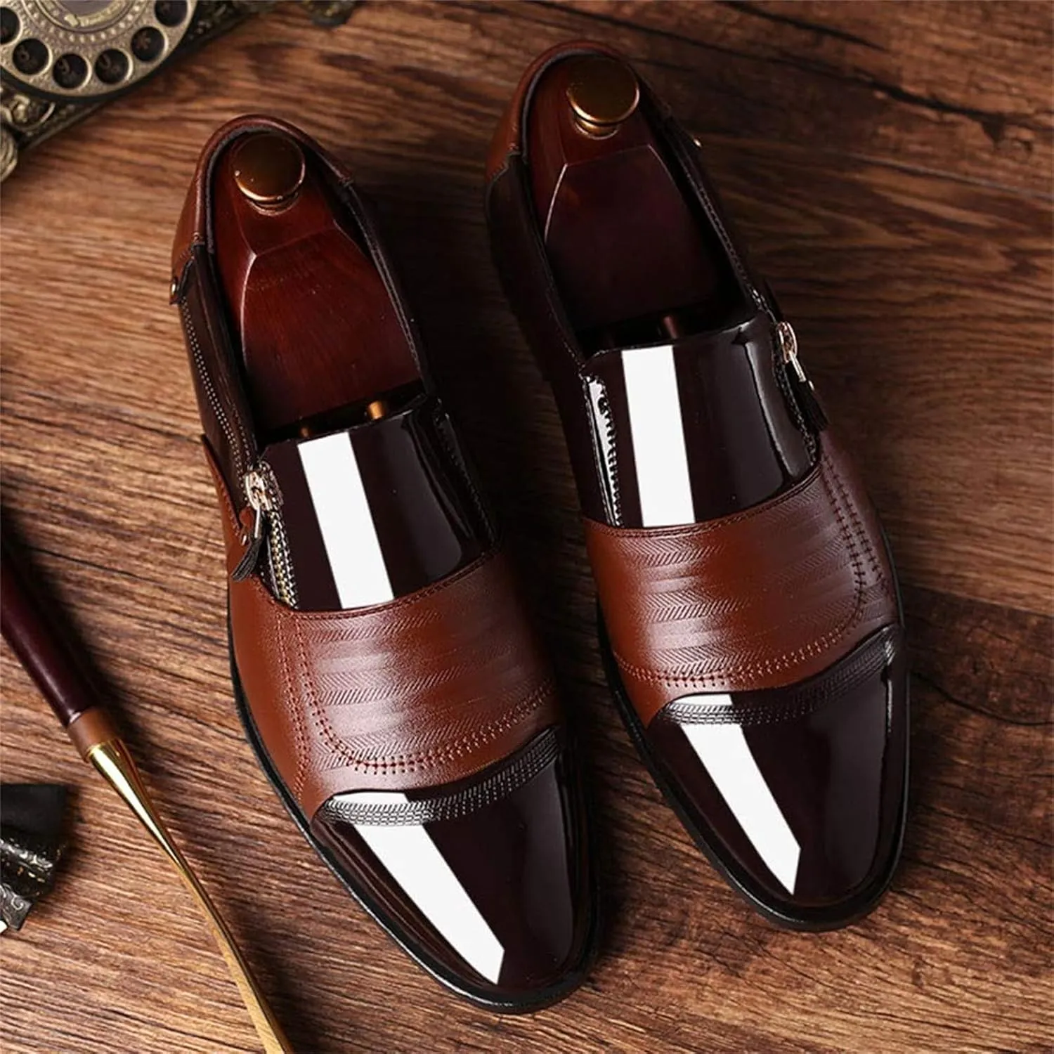 Formal Dress Shoes for Men Fashion Classic Patent Leather Pointed-Toe Tuxedo Shoes Zipper Pull-on Business Office Wedding Oxfords Shoes