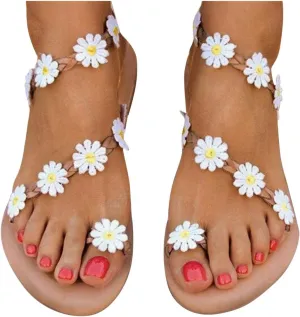 Gibobby Beach Sandals for Women Thong Sandals Summer Boho Casual Floral Flat Sandals Lace Ankle Strap Flip Flops Beach Shoes Sandal