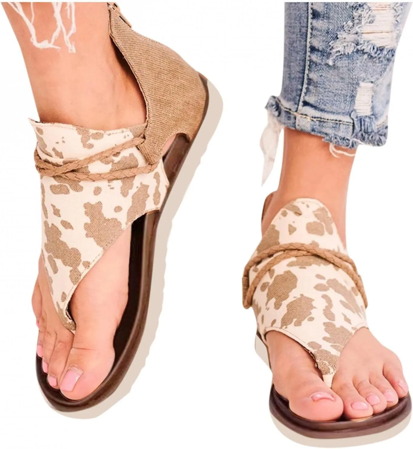 Gibobby Sandals for Women Gladiator Flat Cow Print Thong Casual Summer Ankle High Flip Flops Sandal Zipper Back Beach Open Toe Dressy Sandal Yellow