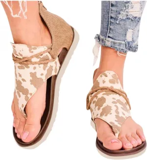 Gibobby Sandals for Women Gladiator Flat Cow Print Thong Casual Summer Ankle High Flip Flops Sandal Zipper Back Beach Open Toe Dressy Sandal Yellow