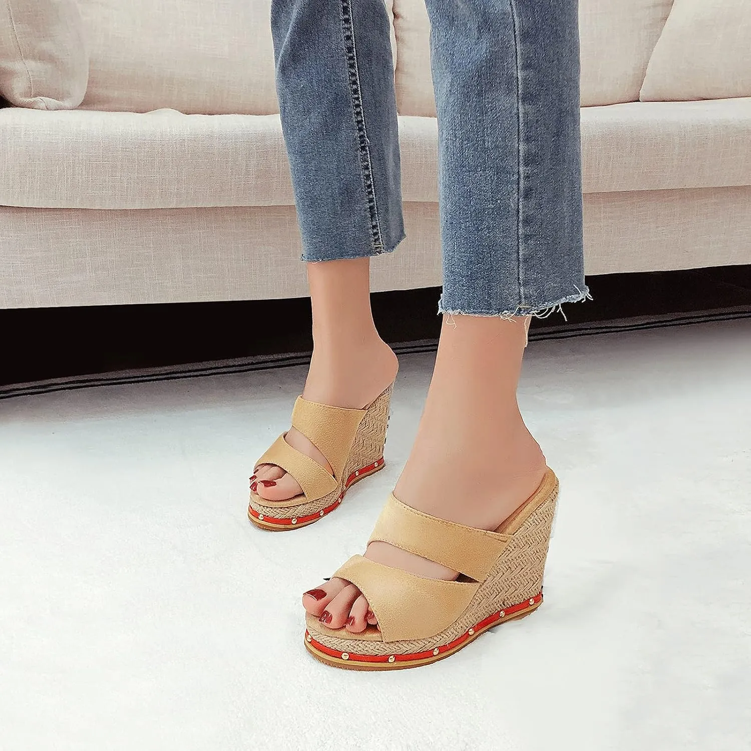 Gicoiz Espadrilles Platform Wedges Women Peep Toe Mule Slippers