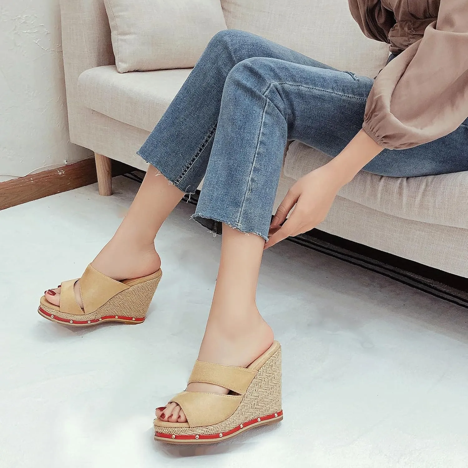 Gicoiz Espadrilles Platform Wedges Women Peep Toe Mule Slippers