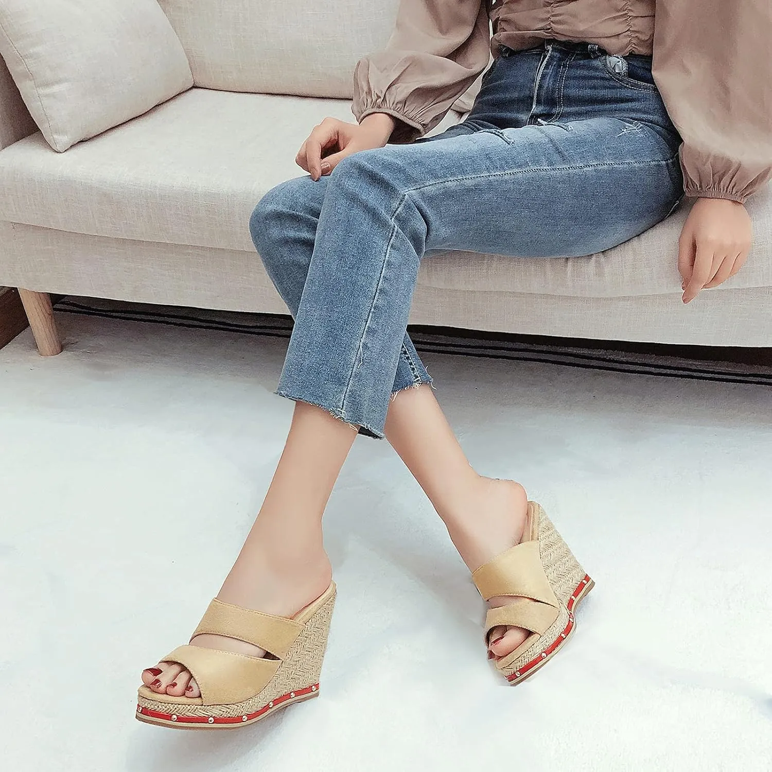 Gicoiz Espadrilles Platform Wedges Women Peep Toe Mule Slippers