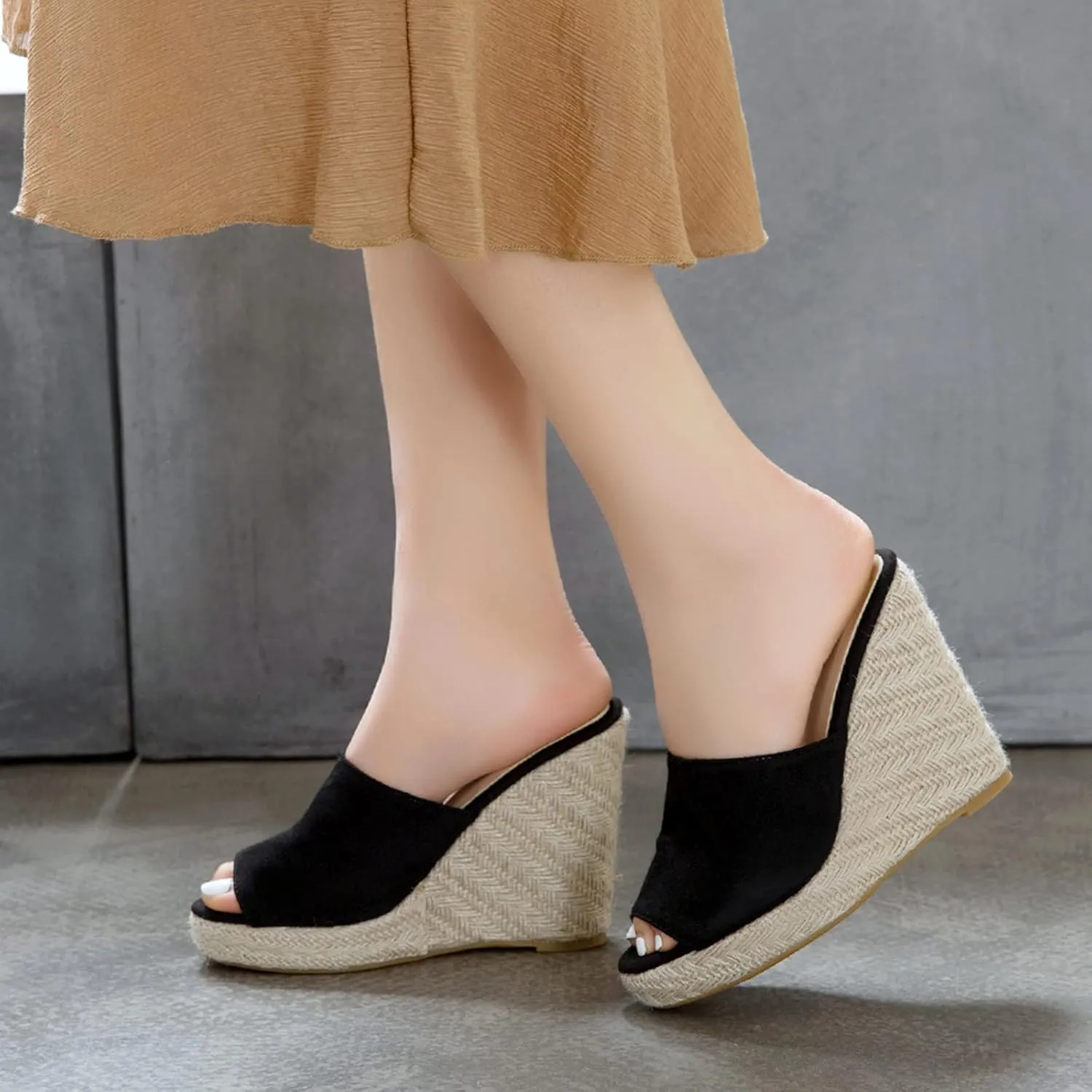 Gicoiz Espadrilles Platform Wedges Women Peep Toe Mule Slippers
