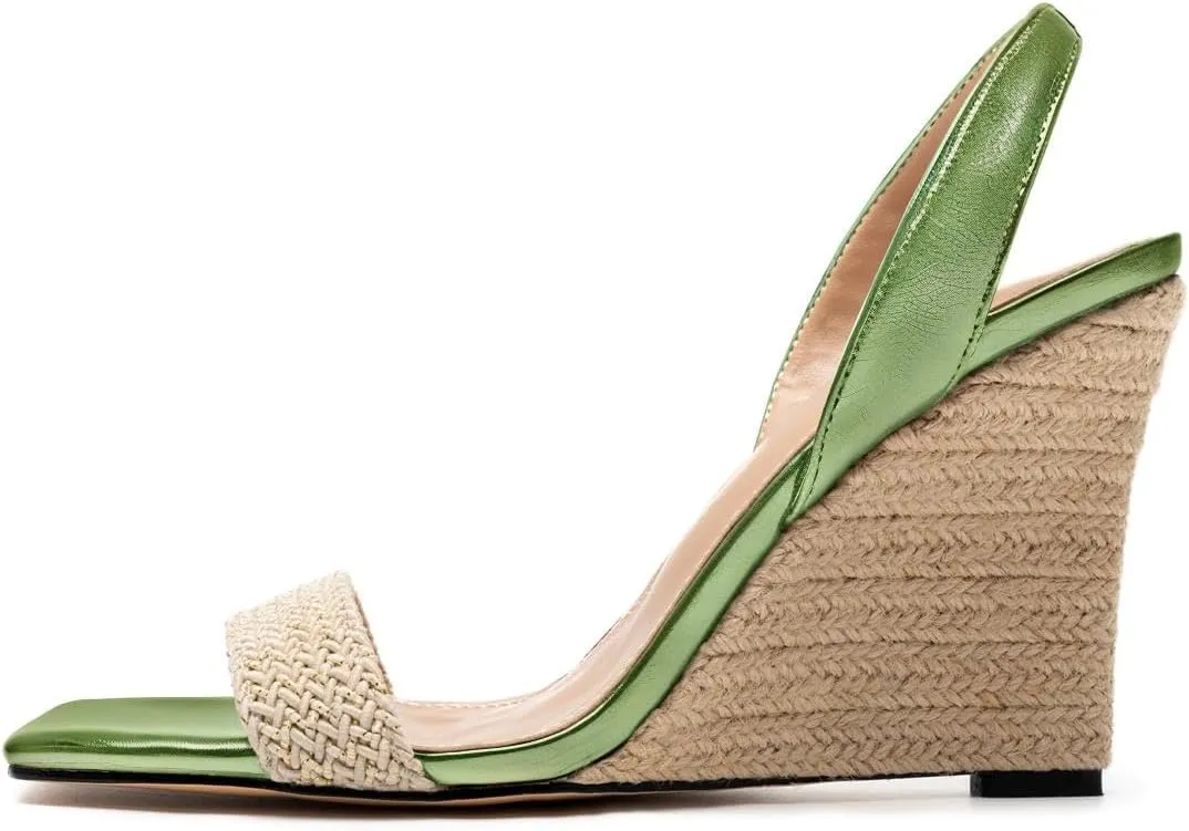 heelchic Wedge Sandals for Women, Metallic Gold Espadrilles for Women Dressy Strappy Heels, Open Toe Comfortable Slip On Slingback Sandals
