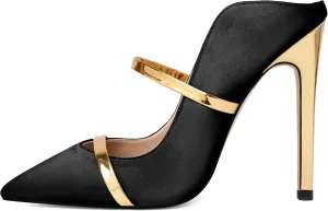 Joseywade Heeled Mules For Women High Heel Mules Slip On Heeled Sandals Pointed Toe Dress Pumps Gold Strap Backless Shoes 4.5 Inch