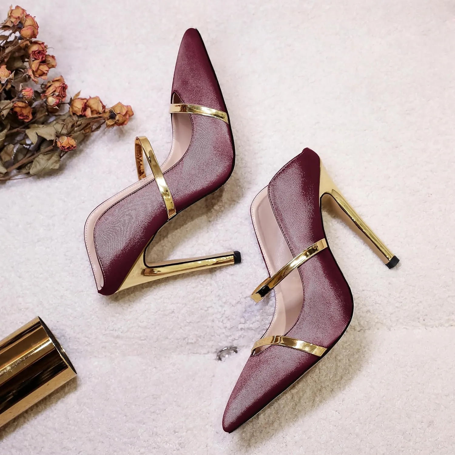 Joseywade Heeled Mules For Women High Heel Mules Slip On Heeled Sandals Pointed Toe Dress Pumps Gold Strap Backless Shoes 4.5 Inch