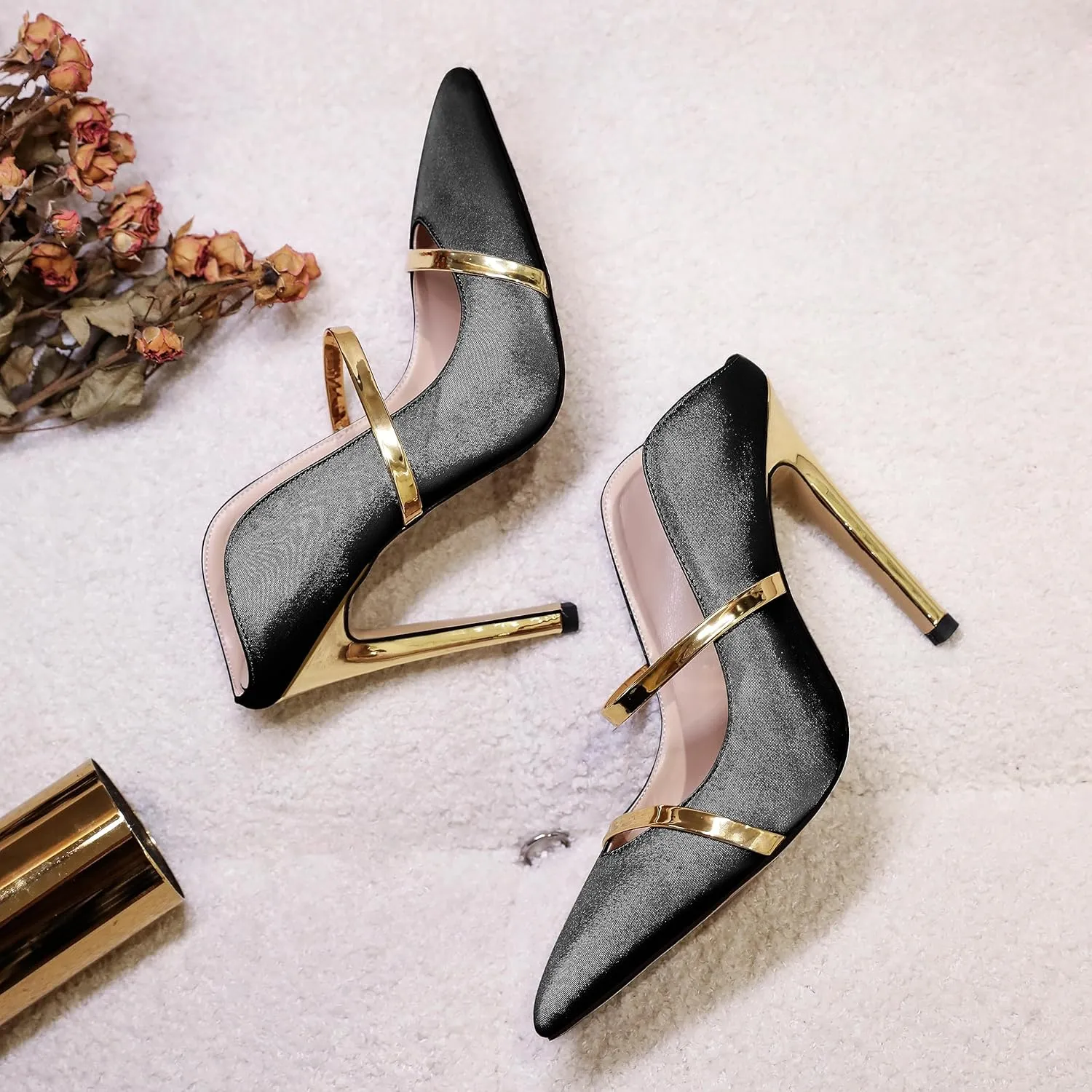 Joseywade Heeled Mules For Women High Heel Mules Slip On Heeled Sandals Pointed Toe Dress Pumps Gold Strap Backless Shoes 4.5 Inch