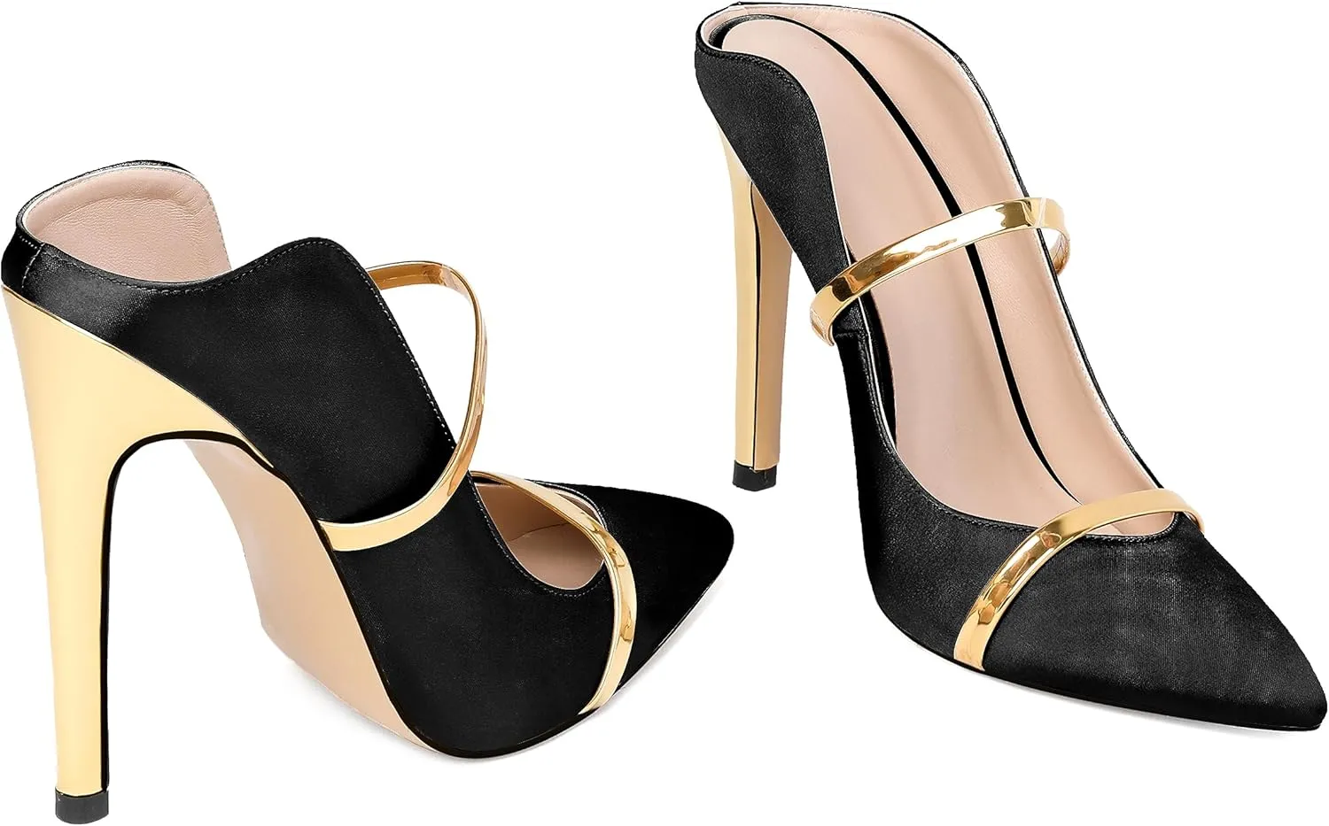Joseywade Heeled Mules For Women High Heel Mules Slip On Heeled Sandals Pointed Toe Dress Pumps Gold Strap Backless Shoes 4.5 Inch