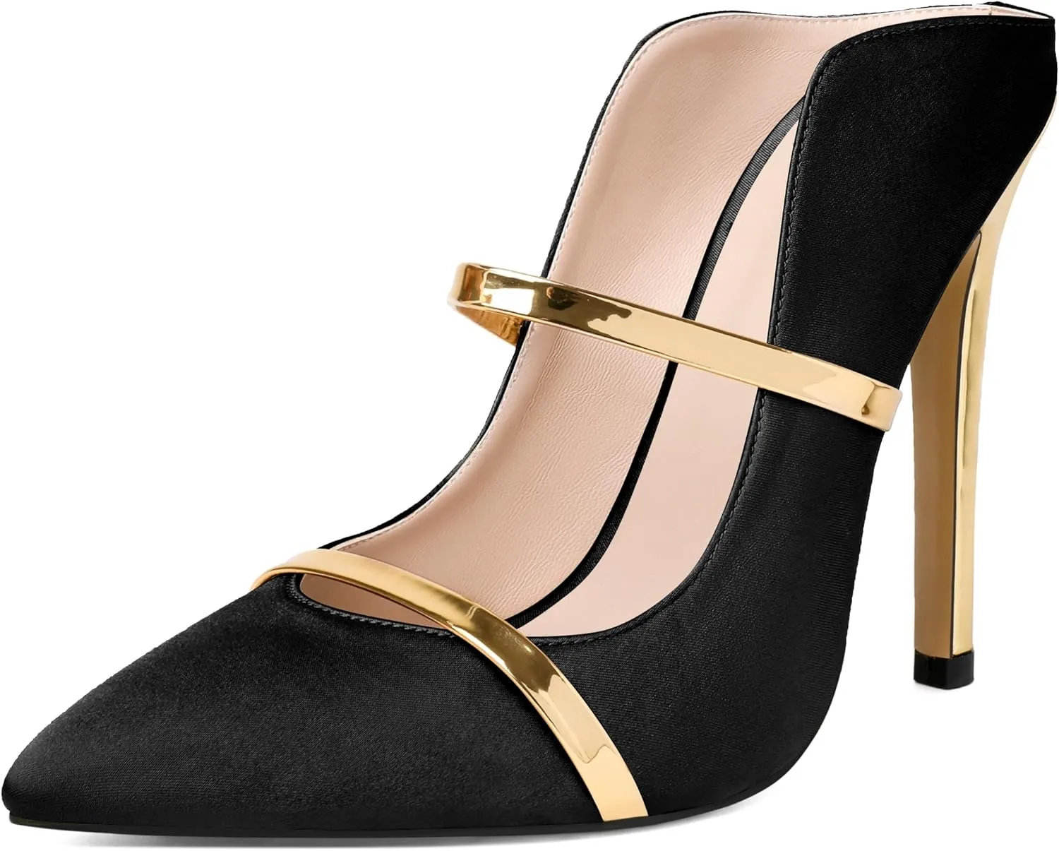 Joseywade Heeled Mules For Women High Heel Mules Slip On Heeled Sandals Pointed Toe Dress Pumps Gold Strap Backless Shoes 4.5 Inch