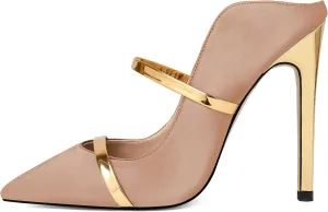 Joseywade Heeled Mules For Women High Heel Mules Slip On Heeled Sandals Pointed Toe Dress Pumps Gold Strap Backless Shoes 4.5 Inch