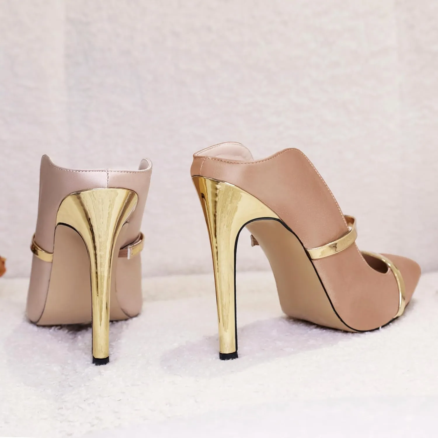 Joseywade Heeled Mules For Women High Heel Mules Slip On Heeled Sandals Pointed Toe Dress Pumps Gold Strap Backless Shoes 4.5 Inch