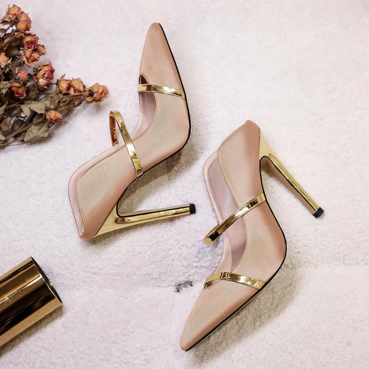 Joseywade Heeled Mules For Women High Heel Mules Slip On Heeled Sandals Pointed Toe Dress Pumps Gold Strap Backless Shoes 4.5 Inch