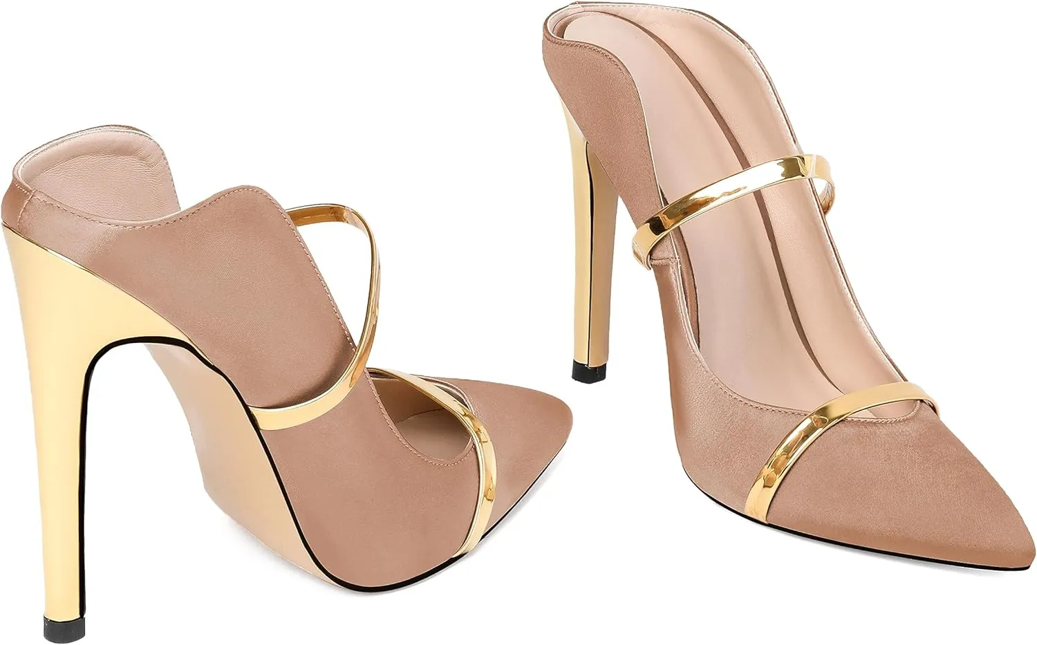Joseywade Heeled Mules For Women High Heel Mules Slip On Heeled Sandals Pointed Toe Dress Pumps Gold Strap Backless Shoes 4.5 Inch