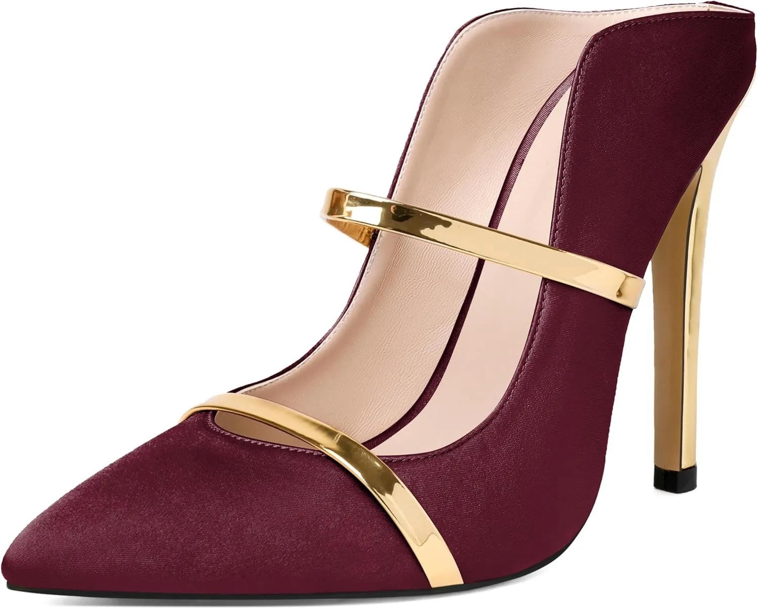 Joseywade Heeled Mules For Women High Heel Mules Slip On Heeled Sandals Pointed Toe Dress Pumps Gold Strap Backless Shoes 4.5 Inch