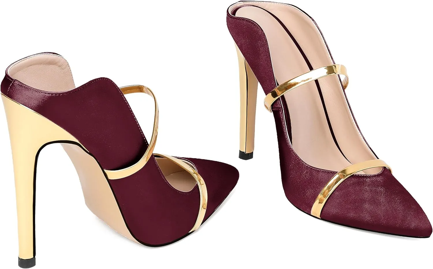 Joseywade Heeled Mules For Women High Heel Mules Slip On Heeled Sandals Pointed Toe Dress Pumps Gold Strap Backless Shoes 4.5 Inch