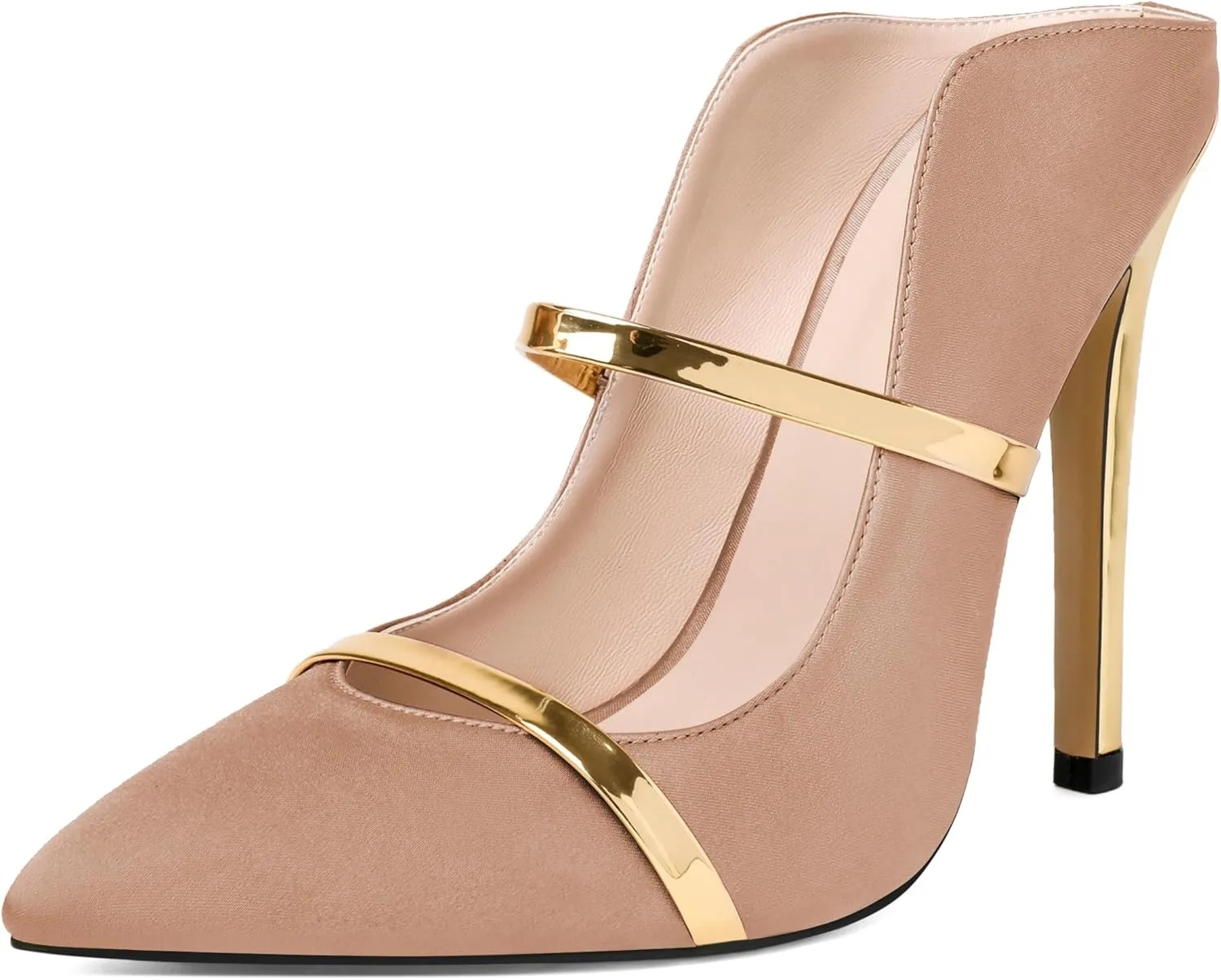 Joseywade Heeled Mules For Women High Heel Mules Slip On Heeled Sandals Pointed Toe Dress Pumps Gold Strap Backless Shoes 4.5 Inch