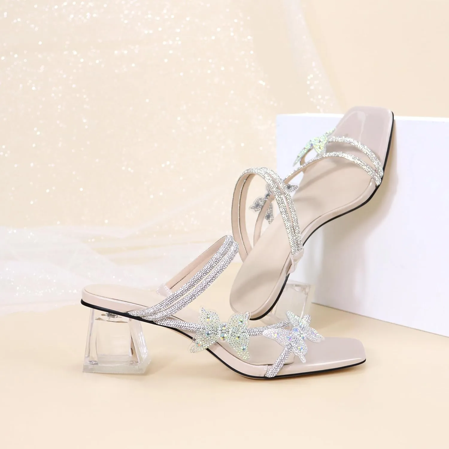 Joseywade Heeled Sandals Rhinestone Butterfly Heels Mules Square Open Toe Clear Low Block Chunky Heels 2 Inch Ankle Strap Shoes