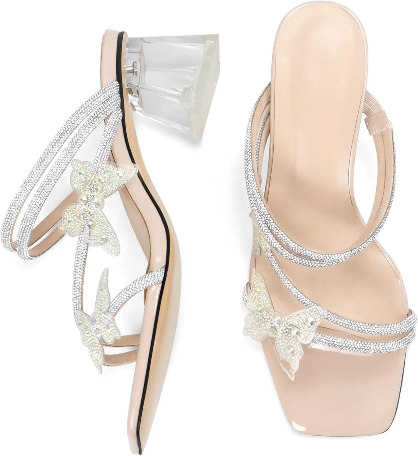 Joseywade Heeled Sandals Rhinestone Butterfly Heels Mules Square Open Toe Clear Low Block Chunky Heels 2 Inch Ankle Strap Shoes