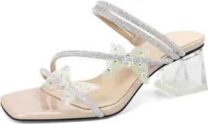 Joseywade Heeled Sandals Rhinestone Butterfly Heels Mules Square Open Toe Clear Low Block Chunky Heels 2 Inch Ankle Strap Shoes