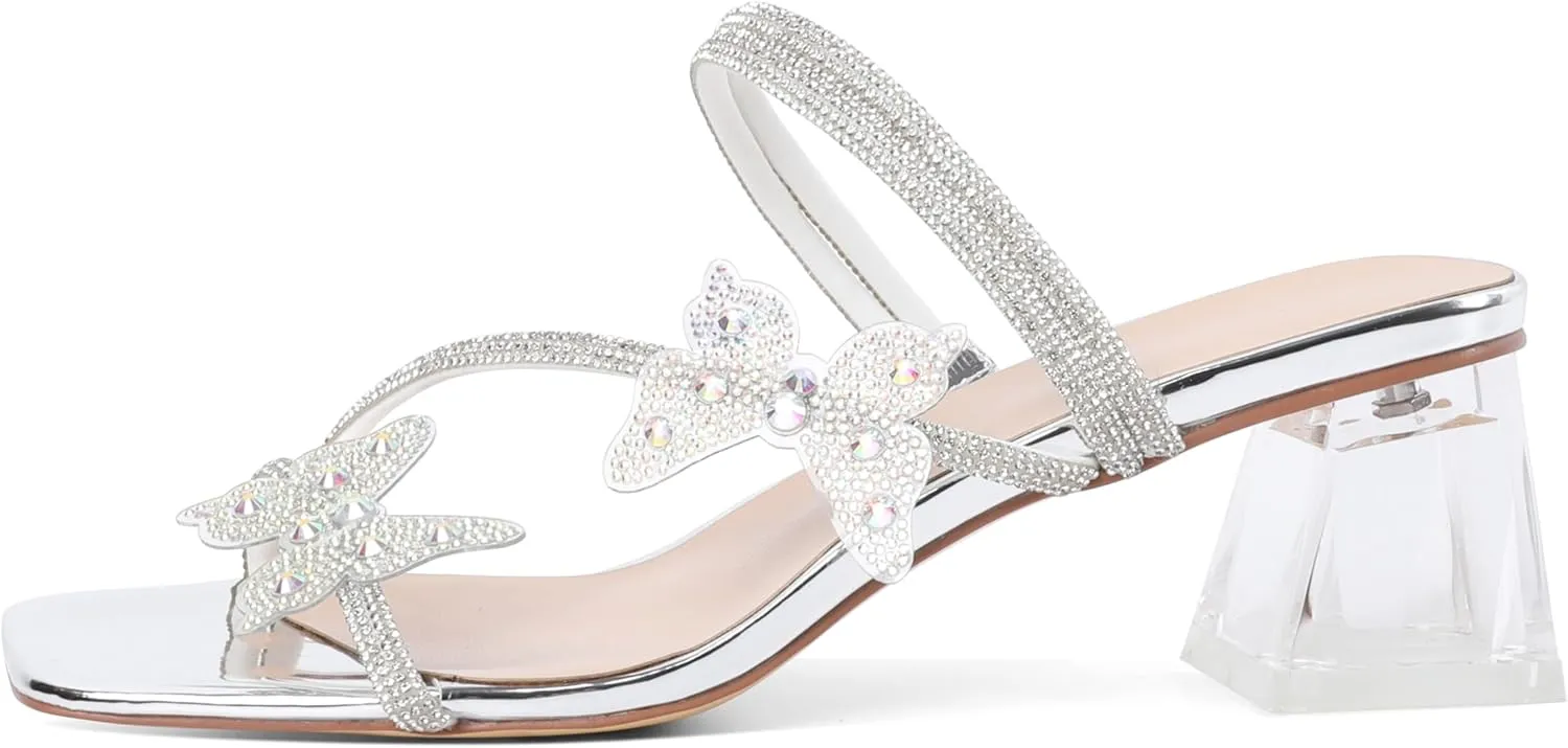 Joseywade Heeled Sandals Rhinestone Butterfly Heels Mules Square Open Toe Clear Low Block Chunky Heels 2 Inch Ankle Strap Shoes