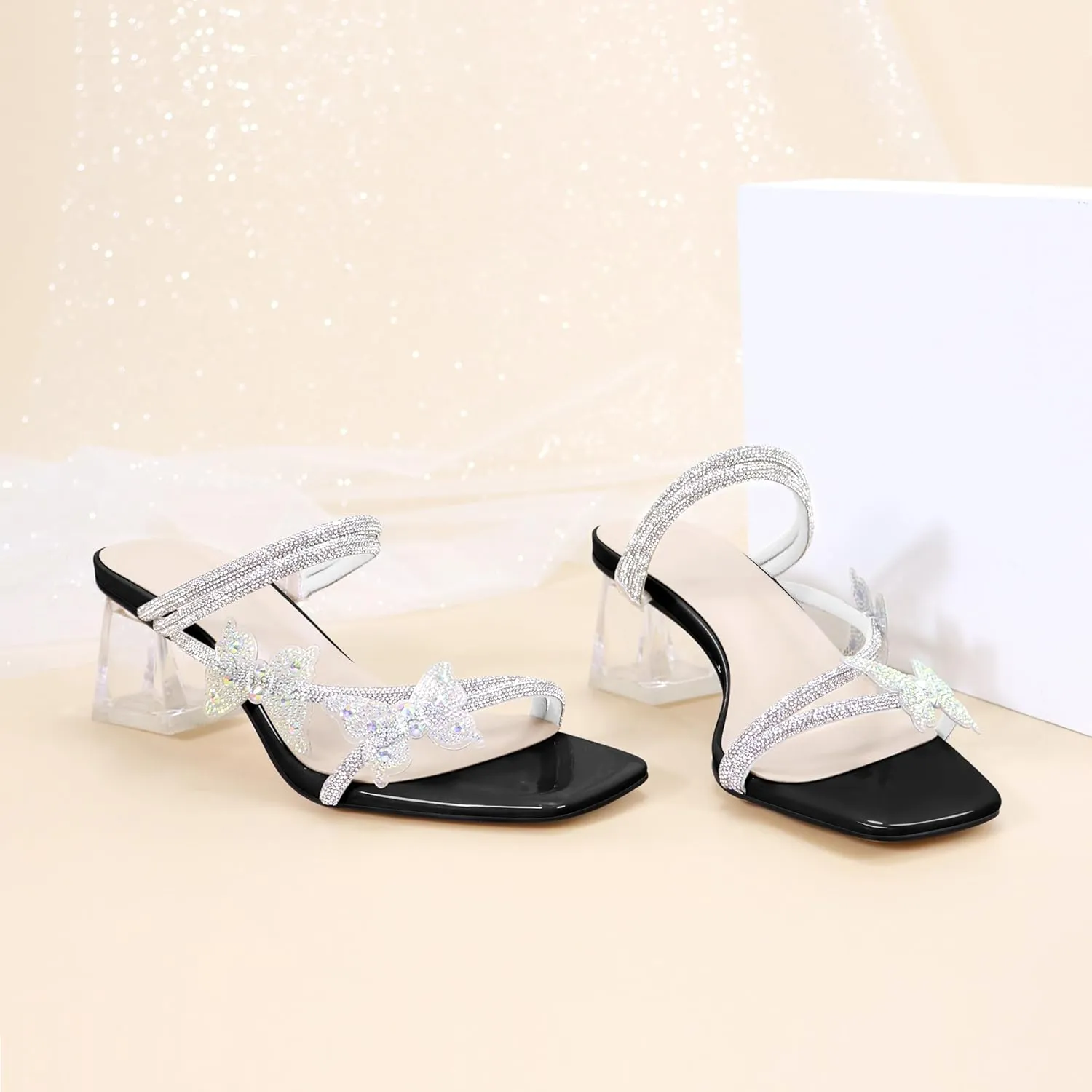 Joseywade Heeled Sandals Rhinestone Butterfly Heels Mules Square Open Toe Clear Low Block Chunky Heels 2 Inch Ankle Strap Shoes