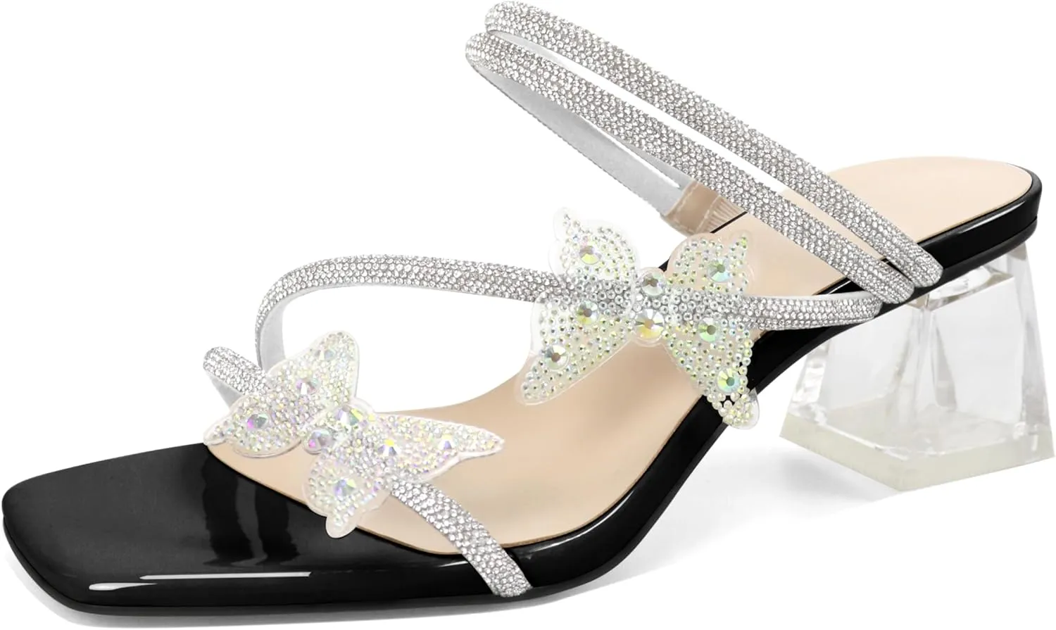 Joseywade Heeled Sandals Rhinestone Butterfly Heels Mules Square Open Toe Clear Low Block Chunky Heels 2 Inch Ankle Strap Shoes