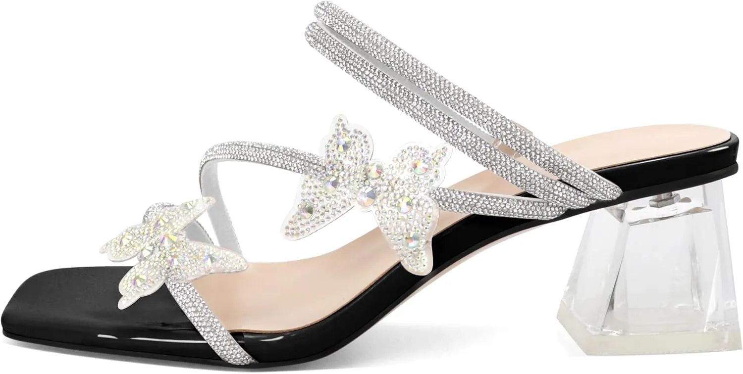Joseywade Heeled Sandals Rhinestone Butterfly Heels Mules Square Open Toe Clear Low Block Chunky Heels 2 Inch Ankle Strap Shoes