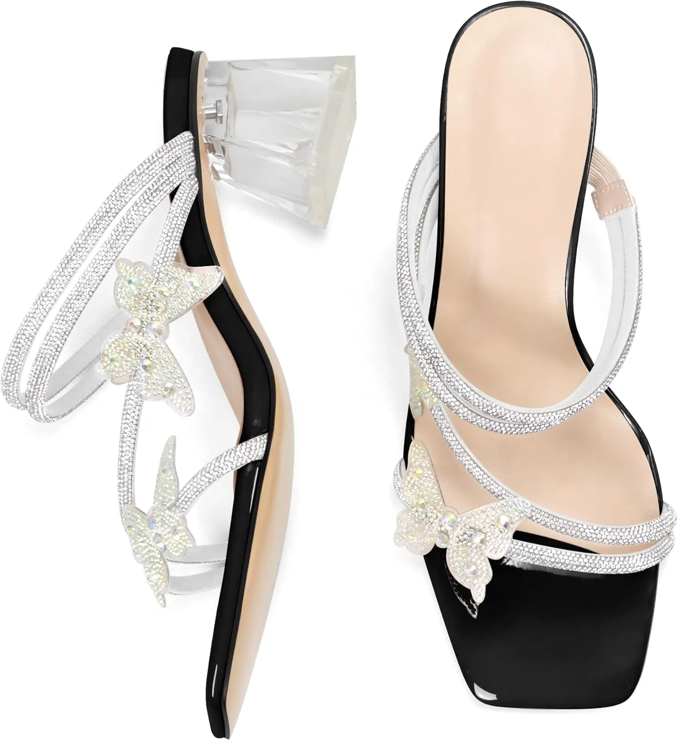Joseywade Heeled Sandals Rhinestone Butterfly Heels Mules Square Open Toe Clear Low Block Chunky Heels 2 Inch Ankle Strap Shoes