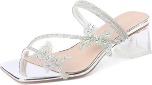 Joseywade Heeled Sandals Rhinestone Butterfly Heels Mules Square Open Toe Clear Low Block Chunky Heels 2 Inch Ankle Strap Shoes