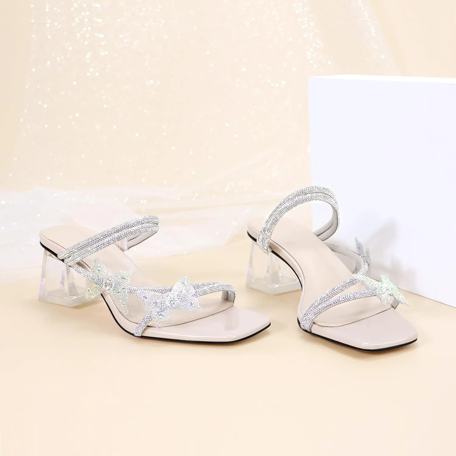 Joseywade Heeled Sandals Rhinestone Butterfly Heels Mules Square Open Toe Clear Low Block Chunky Heels 2 Inch Ankle Strap Shoes