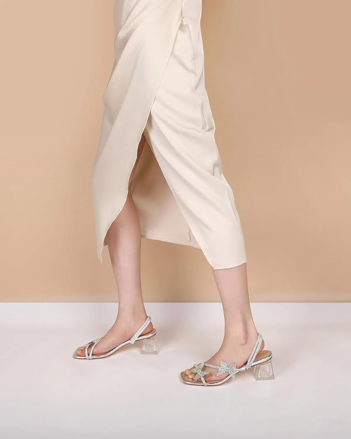 Joseywade Heeled Sandals Rhinestone Butterfly Heels Mules Square Open Toe Clear Low Block Chunky Heels 2 Inch Ankle Strap Shoes