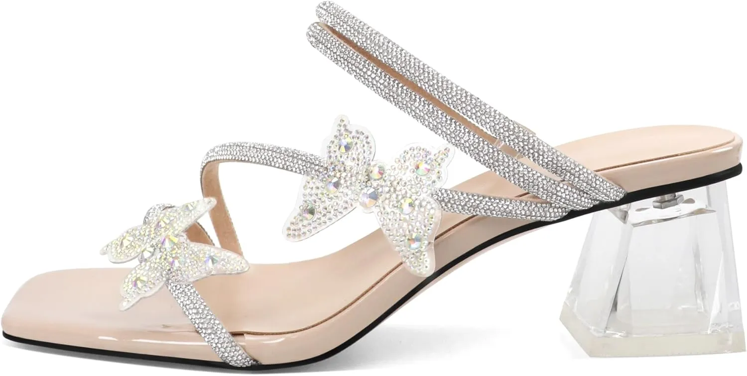 Joseywade Heeled Sandals Rhinestone Butterfly Heels Mules Square Open Toe Clear Low Block Chunky Heels 2 Inch Ankle Strap Shoes