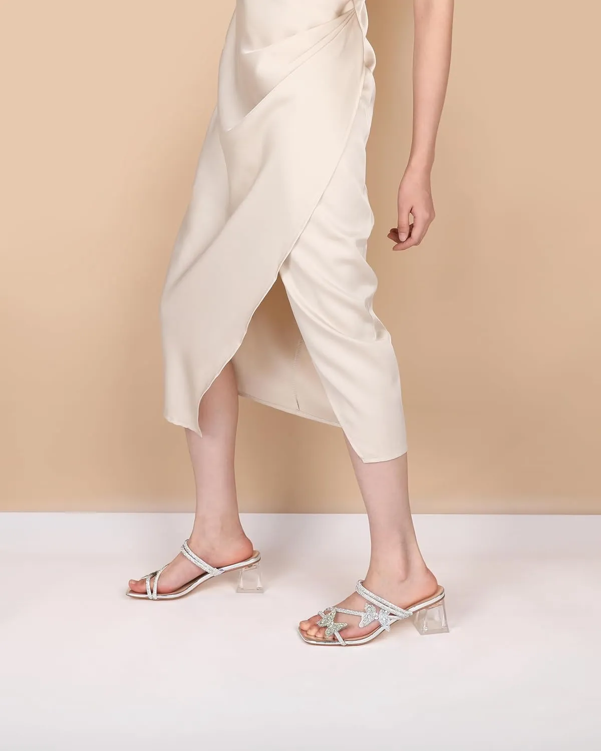 Joseywade Heeled Sandals Rhinestone Butterfly Heels Mules Square Open Toe Clear Low Block Chunky Heels 2 Inch Ankle Strap Shoes