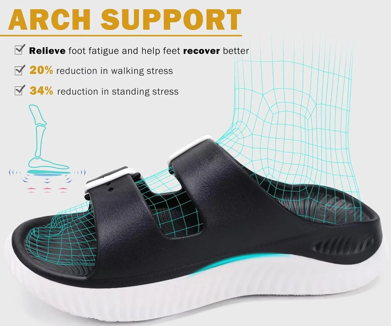 KuaiLu Womens Recovery Sandals With Comfortable Plantar Fasciitis Arch Support, Orthotic Adjustable Thick Cushion Sport Slides Reduces Stress on Feet, Joints & Back Post-Exercise