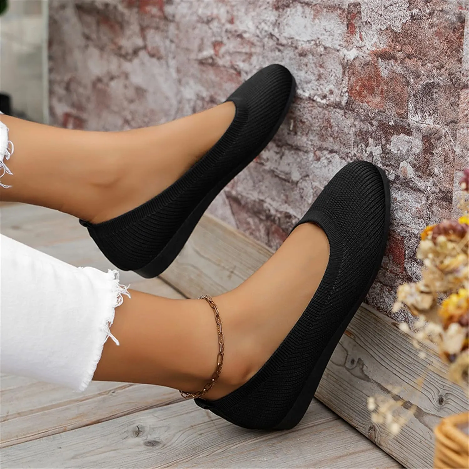 Ladies Fashion Solid Color Breathable Knitting Round Head Flat Comfortable Casual Single Shoes Cute Wedges Women Dressy