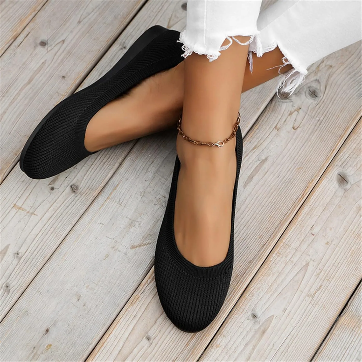Ladies Fashion Solid Color Breathable Knitting Round Head Flat Comfortable Casual Single Shoes Cute Wedges Women Dressy