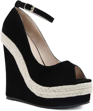 LEHOOR Women Wedge Sandals Ankle Strap Peep Toe Platform Pumps Espadrilles Hemp 6 Inch High Heel Black Fashion Shoes for Ladies