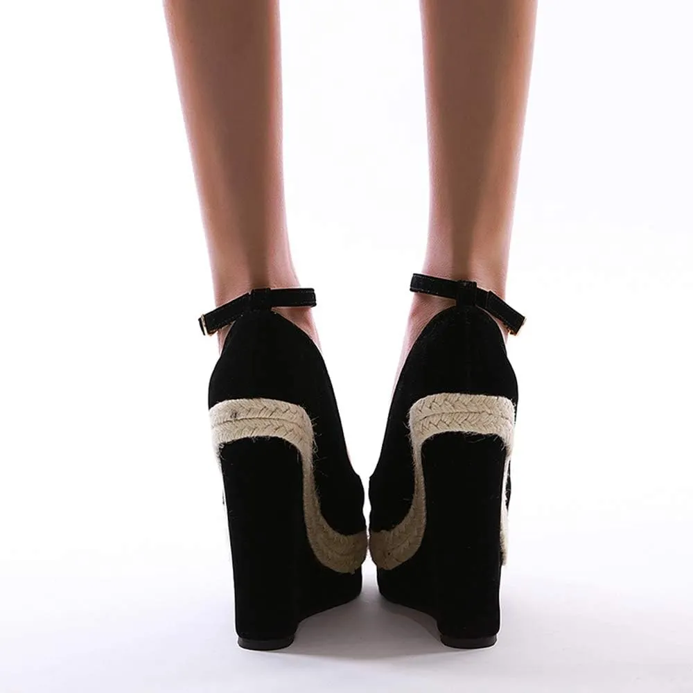 LEHOOR Women Wedge Sandals Ankle Strap Peep Toe Platform Pumps Espadrilles Hemp 6 Inch High Heel Black Fashion Shoes for Ladies