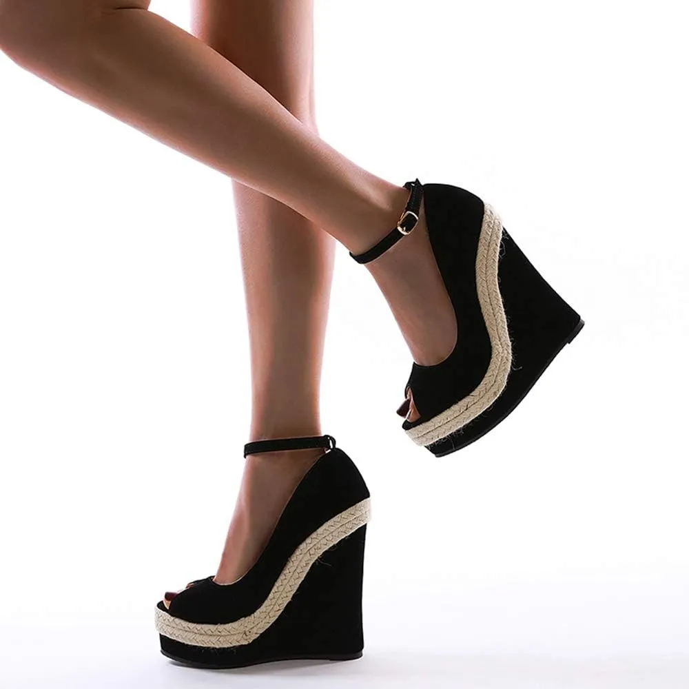 LEHOOR Women Wedge Sandals Ankle Strap Peep Toe Platform Pumps Espadrilles Hemp 6 Inch High Heel Black Fashion Shoes for Ladies